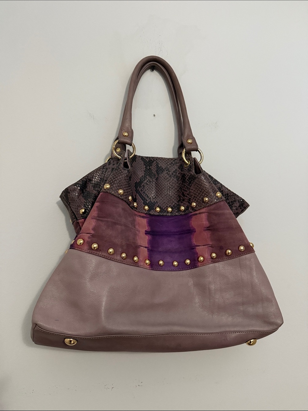 Leather Mixed Print Versatile Tote w/Gold Tone Details Boho Detachable Strap